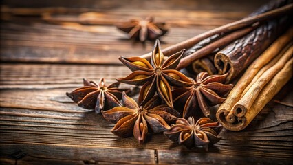 Aromatic Star Anise and Cinnamon Sticks on Rustic Wooden Surface