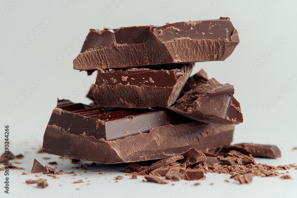 Poster pieces of dark chocolate forming a stack on a white background, creating a tempting image