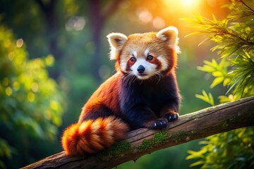 Adorable Red Panda Perched on a Branch, Copy Space Left - Wildlife Stock Photo