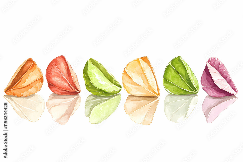 Poster colorful paper lanterns in a row with reflection on white background