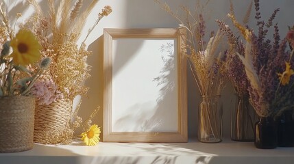 Blank Frame Surrounded by Dried Flowers and Natural Elements