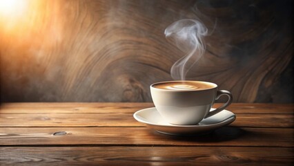 Aromatic Steaming Coffee in a White Cup on Rustic Wooden Table