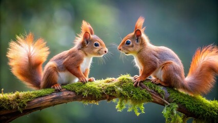 Adorable Red Squirrel Siblings Playing on a Norwegian Branch