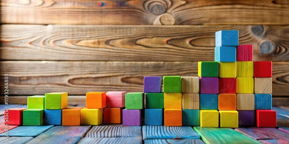 Poster colorful wooden blocks arranged in ascending order on a rustic wooden surface