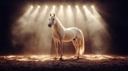 Majestic White Horse Under Bright Spotlight in Dark Setting