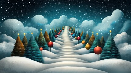 Snowy Pathway Through Forest of Christmas Trees and Ornaments