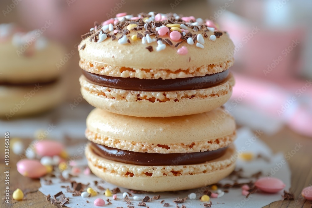 Poster two stacked macarons filled with chocolate ganache and topped with colorful sprinkles rest on parchm