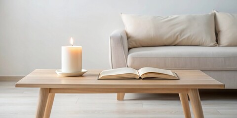 Serene living room setting with a lit candle and open book on a light wood coffee table