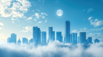 Cityscape Above the Clouds: A Serene Urban Panorama under the Moon