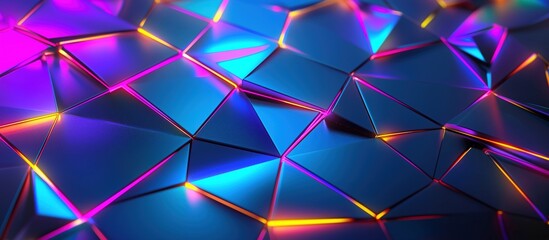 A futuristic abstract surface with interconnected triangular facets illuminated by vibrant neon hues of purple, blue, and yellow. Perfect for technology and digital design background wallpapers.