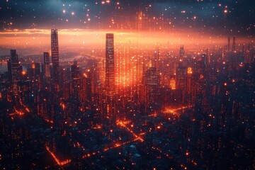 Fototapeta premium an intricate futuristic digital network connects illuminated skyscrapers in a sprawling urban landscape, showcasing technology's impact on modern city life with vibrant colors and abstract shapes
