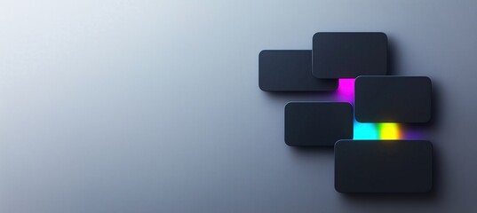 Minimalistic design with black rectangular tiles on a textured gray background, illuminated by neon accents in pink, blue, and yellow. Includes copy space.