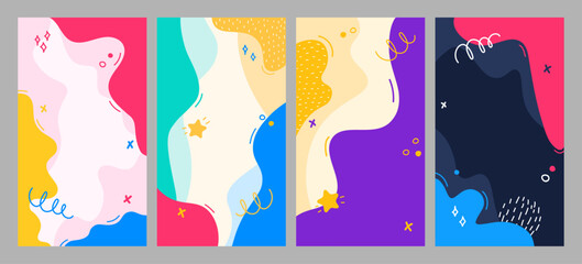 Vector illustration. Colorful childish background. Hand drawn memphis pattern doodle shapes and lines. Design elements for flyer, voucher, leaflet, coupon. Trendy abstract color vertical background