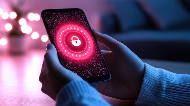 A person holding a smartphone displaying a digital lock icon, symbolizing security and privacy in a modern, tech-focused environment. - Powered by Adobe