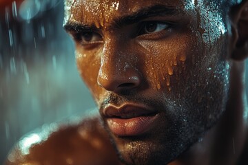 Close-up portrait of a muscular sportsman refreshing under running water after an intense training session