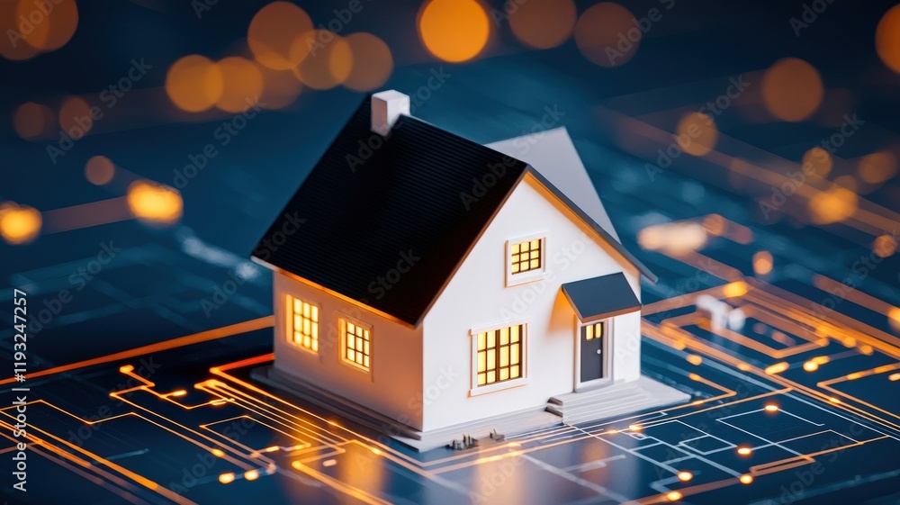 Poster a miniature house model illuminated against a dark, circuit-patterned background, symbolizing the in