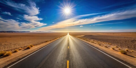 Fototapeta premium Asphalt ribbon stretches towards a brilliant sun, a journey across a vast, arid landscape under a brilliant, cloud-streaked sky.