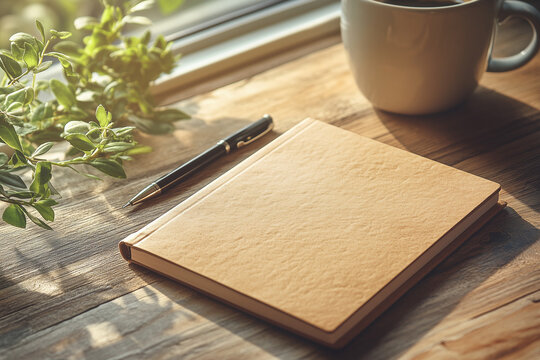 Minimalist notebook with pen and coffee on wooden desk