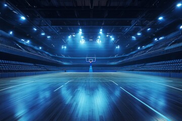 Basketball arena illuminated with blue light is waiting for the match to begin