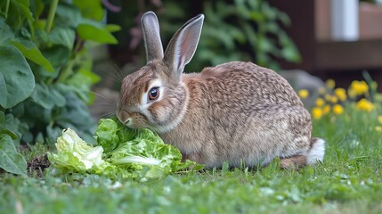 Fototapeta premium 35. A rabbit eating lettuce, sitting on the ground with a white background