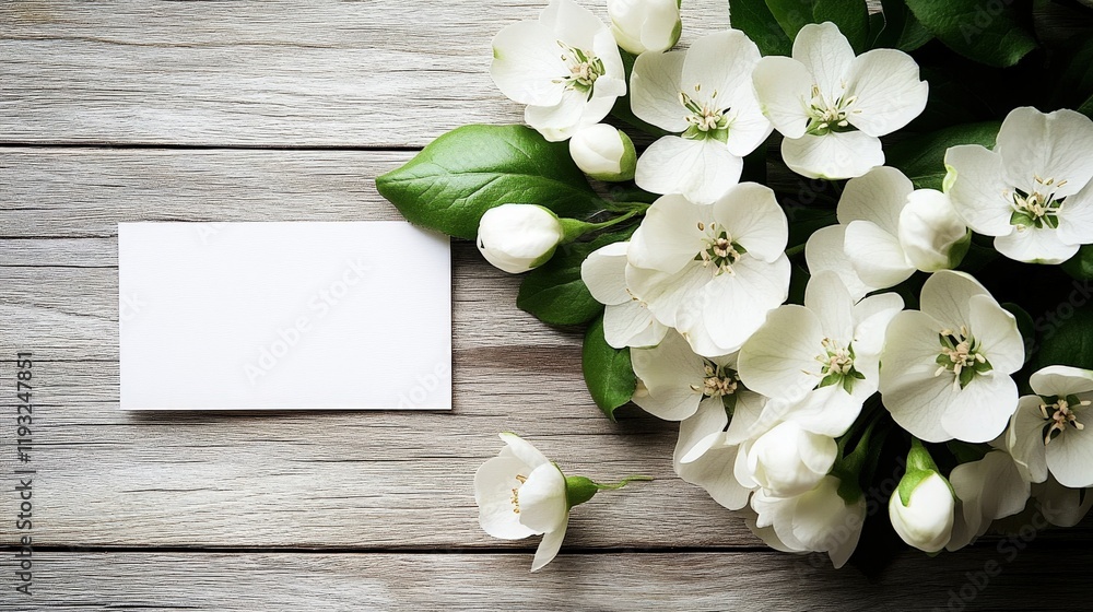 Poster white spring flowers on wooden background with blank card for your text and customization displaying