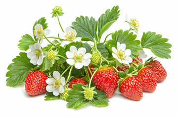 Fresh Strawberries with Green Leaves and White Blossoms on Isolated Background