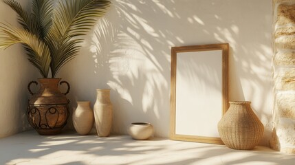 Serene Interior with Textured Vessels and Natural Elements