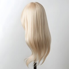 Fototapeta premium Elegant Blonde Wig on Stand Against White Backdrop for Fashion and Beauty Concepts