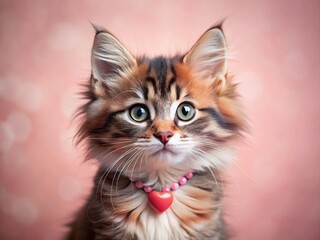 Adorable Valentine's Day Kitten: Cute Fluffy Cat with Heart, Perfect for Greeting Cards
