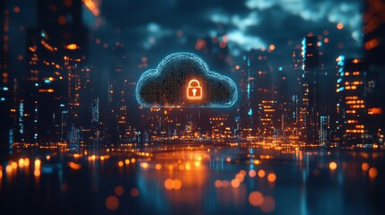 Fototapeta premium Cloud Security Concept with Digital Lock in Urban Environment