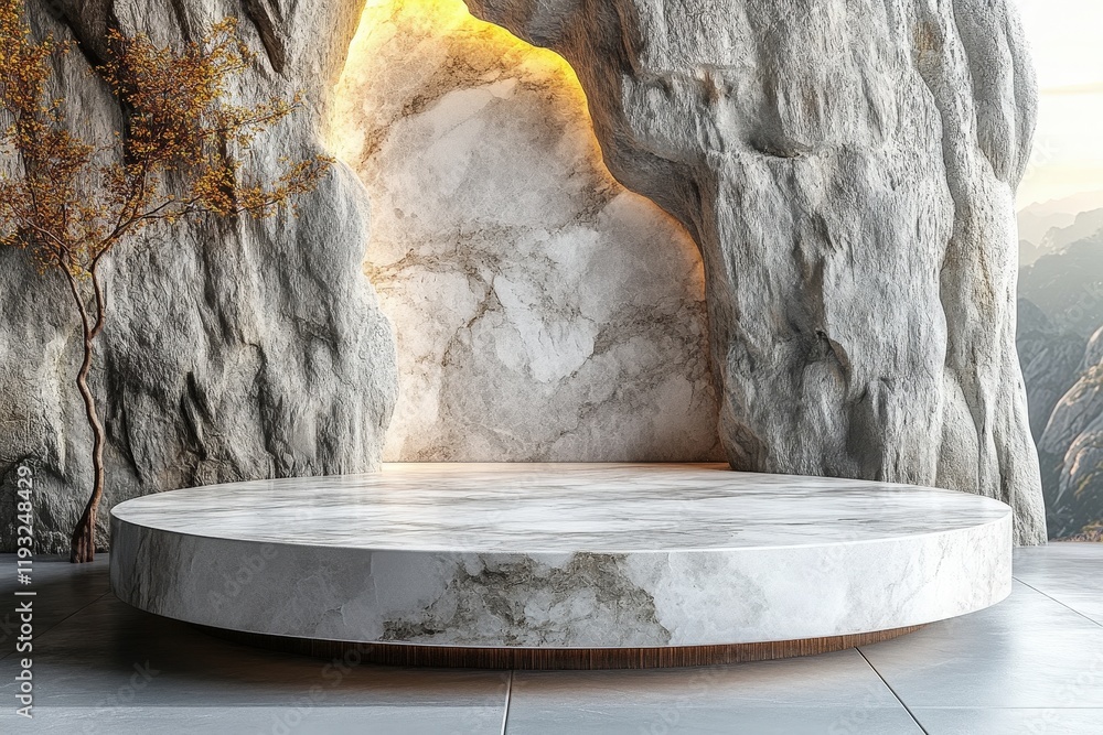 Poster elegant white stone display podium in natural setting showcasing unique design and textures against 