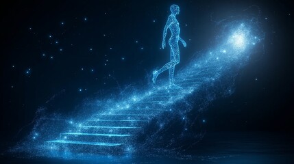 An infinite staircase of light ascending into the starry night sky, symbolizing growth, the singularity, and the limitless potential of AI and human achievement