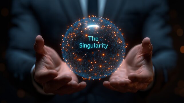 A businessman holding a glowing digital AI globe labeled The Singularity, representing technological transformation, progress, and future innovation