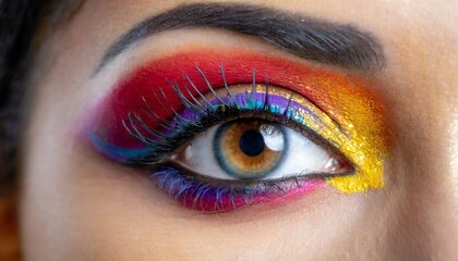 Obraz premium Close-up of a woman's eye adorned with artistic and colorful makeup, showcasing the creative dance of colors