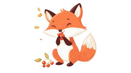 Obraz premium 45. A fox eating berries, with a simple white background around it
