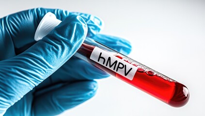Obraz premium A hand in a blue glove holds a test tube labeled hMPV, containing blood. This is part of ongoing research on metapneumovirus in China during 2025
