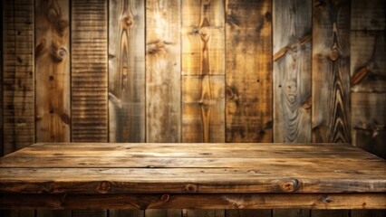 Rustic Wooden Tabletop Display with a Weathered Wood Panel Background Ideal for Product Placement and Mockups