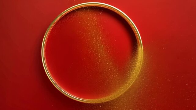 Red circle frame decorated with shining golden lights isolated red background. Copy and paste area. 4k edition