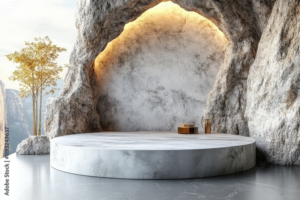 Aufkleber elegant white stone podium in natural cave setting with soft lighting and decorative elements for pr