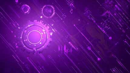 Obraz premium A close-up of a circuit board with gears overlaid, illuminated by purple light, symbolizing the integration of mechanical and digital technology.