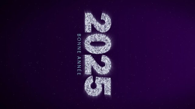 Bonne annee 2025. Happy New Year 2025 vertical silver text with colourful fireworks. French greeting. Silver animated letters and numbers on purple background.