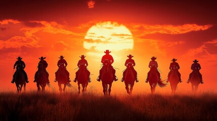 Fototapeta premium horse riders vs cowboys background galloping silhouette sunset team