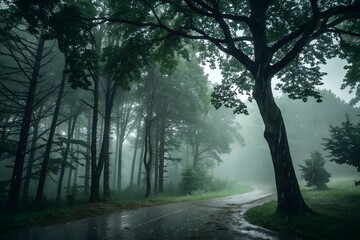 Fototapeta premium Misty Road Through a Lush Forest