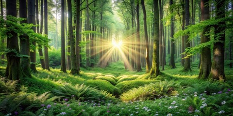 Fototapeta premium Sunbeams Illuminate Lush Forest Floor with Ferns and Blossoms