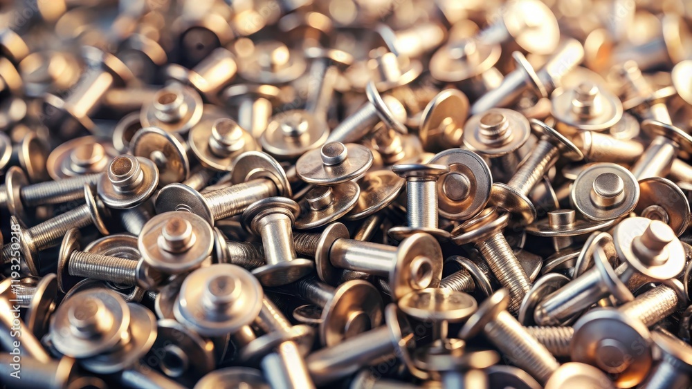 Poster close-up view of a large pile of metallic fasteners, showcasing their intricate design and golden sh