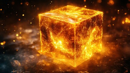 Fototapeta premium Glowing Golden Cube with Sparkles and Light Reflection in Darkness