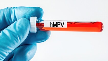 Obraz premium A hand in a blue glove holds a test tube labeled hMPV, containing blood. This is part of ongoing research on metapneumovirus in China during 2025