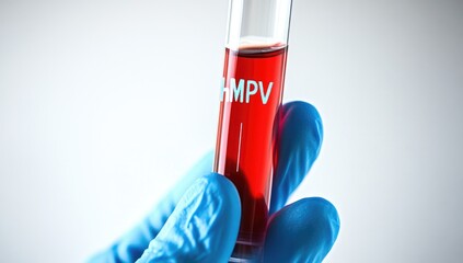 A hand in a blue glove holds a test tube labeled hMPV, containing blood. This is part of ongoing research on metapneumovirus in China during 2025