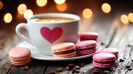 Warm Cup of Coffee with Colorful Macarons on Rustic Wooden Table