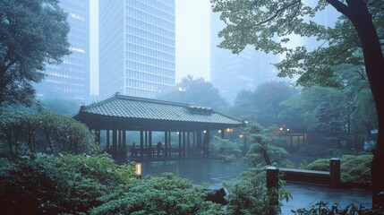 Tranquil Garden Pavilion Amidst Urban Skyscrapers in Foggy Weather
